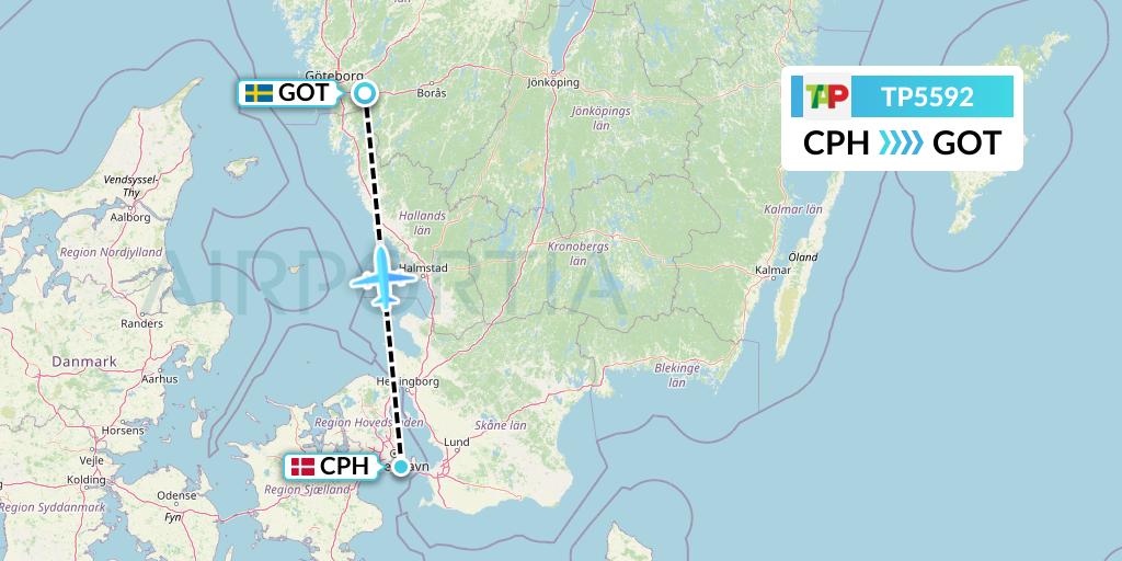 TP5592 TAP Portugal Flight Map: Copenhagen to Gothenburg