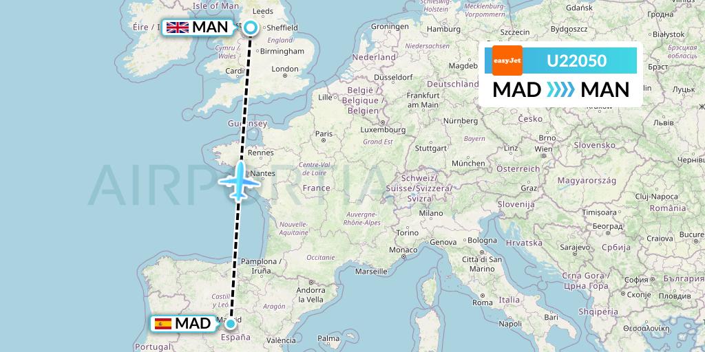 U22050 EasyJet Flight Map: Madrid to Manchester