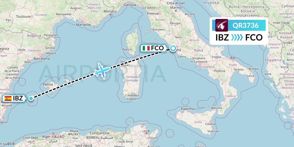 QR3736 Qatar Airways Flight Map: Ibiza to Rome