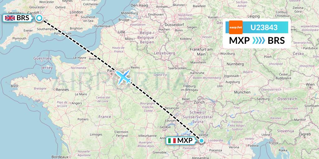 U23843 EasyJet Flight Map: Milan to Bristol