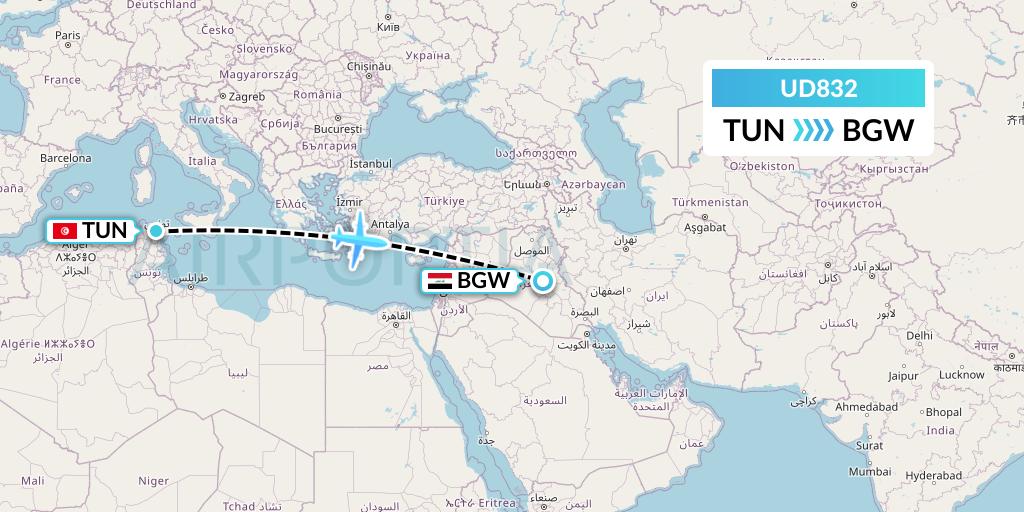 UD832 UR Airlines Flight Map: Tunis to Baghdad