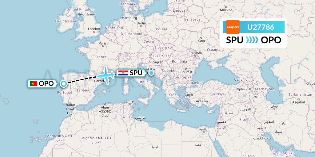 U27786 EasyJet Flight Map: Split to Porto