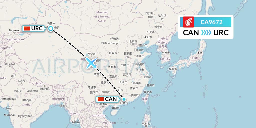 CA9672 Air China Flight Map: Guangzhou to Urumqi