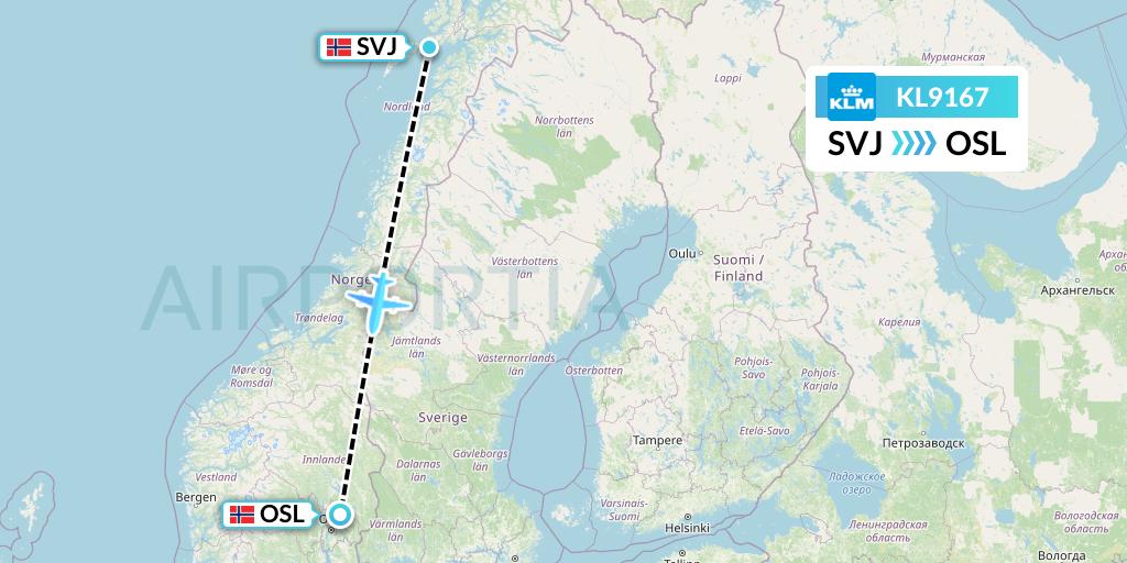 KL9167 KLM Flight Map: Svolvaer to Oslo