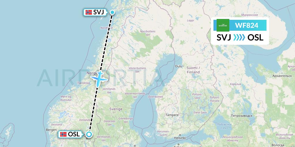 WF824 Wideroe Flight Map: Svolvaer to Oslo