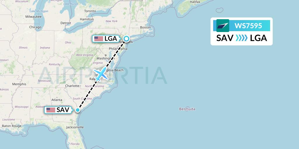 WS7595 WestJet Flight Map: Savannah to New York