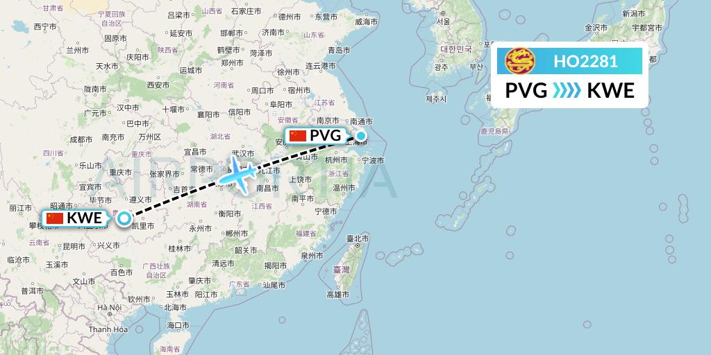 HO2281 Juneyao Airlines Flight Map: Shanghai to Guiyang