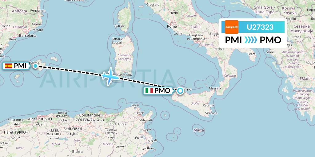 U27323 EasyJet Flight Map: Palma de Mallorca to Palermo