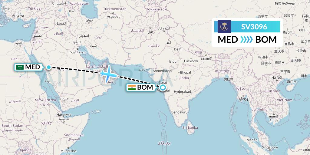 SV3096 Saudi Arabian Airlines Flight Map: Medina to Mumbai