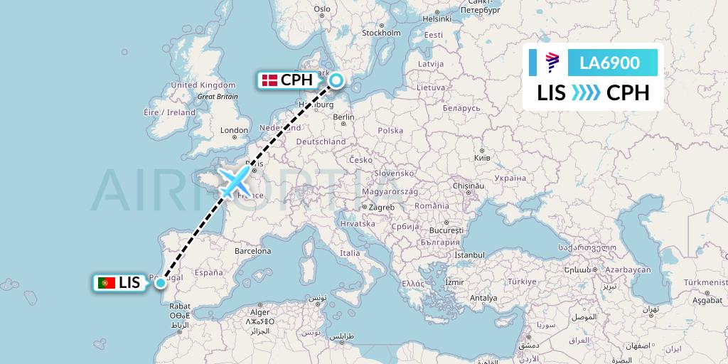 LA6900 LAN Airlines Flight Map: Lisbon to Copenhagen