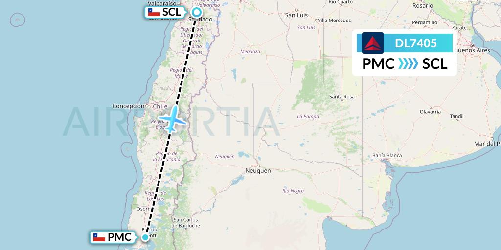 DL7405 Delta Air Lines Flight Map: Puerto Montt to Santiago