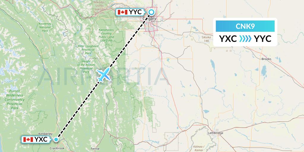 CNK9 Sunwest Aviation Flight Map: Cranbrook to Calgary