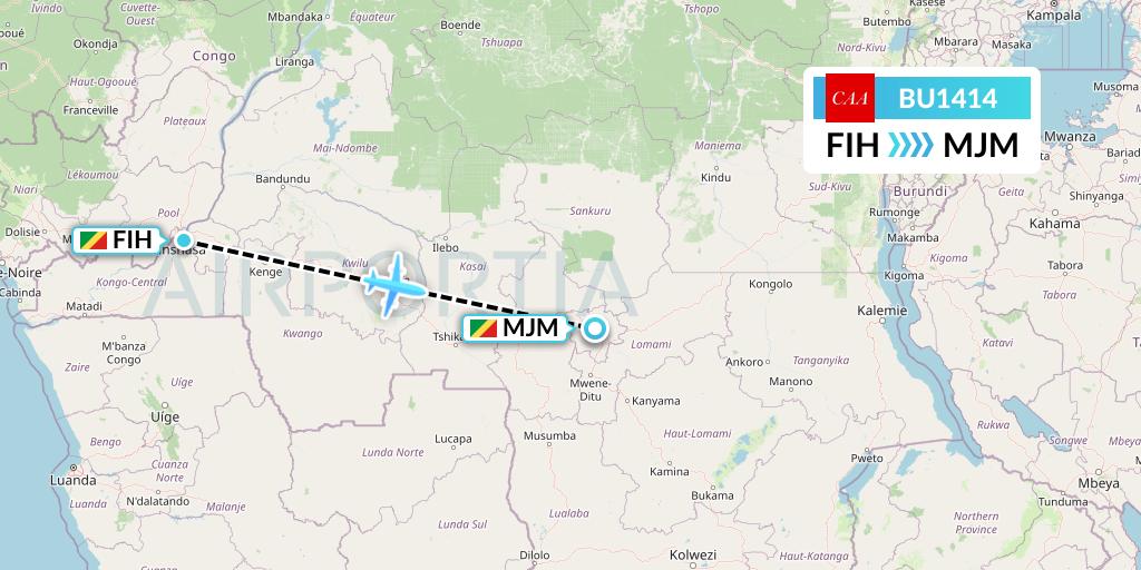 BU1414 flyCAA Flight Map: Kinshasa to Mbuji Mayi