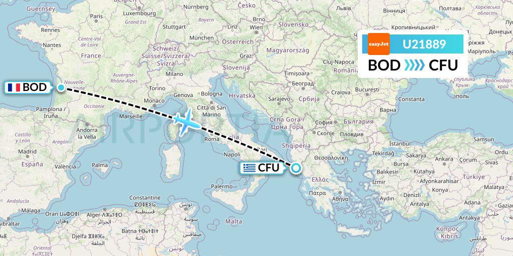 U21889 EasyJet Flight Map: Bordeaux to Corfu