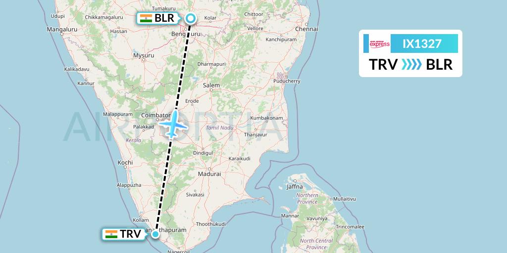 IX1327 Air India Express Flight Map: Thiruvananthapuram to Bangalore