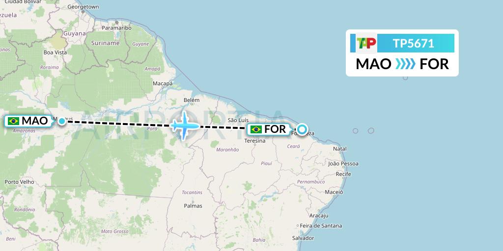 TP5671 TAP Portugal Flight Map: Manaus to Fortaleza