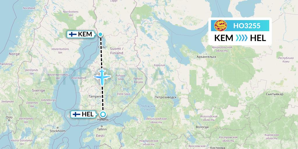 HO3255 Juneyao Airlines Flight Map: Kemi to Helsinki