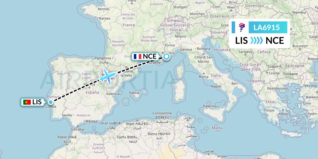 LA6915 LAN Airlines Flight Map: Lisbon to Nice