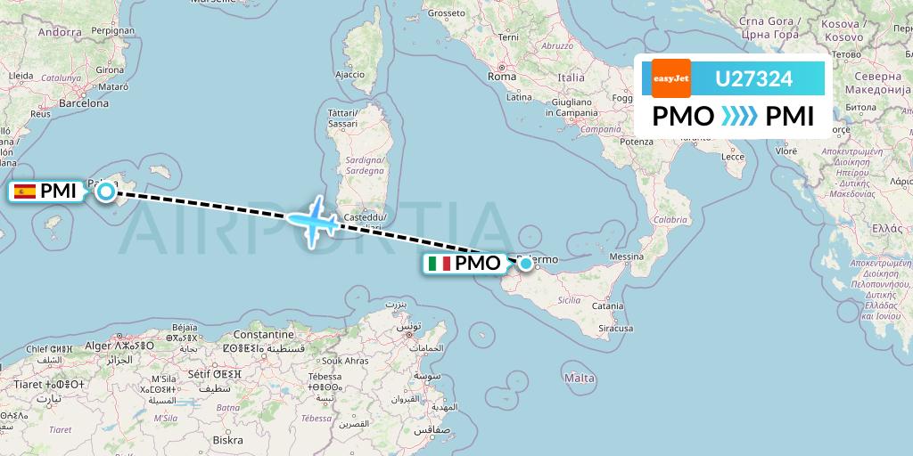 U27324 EasyJet Flight Map: Palermo to Palma de Mallorca