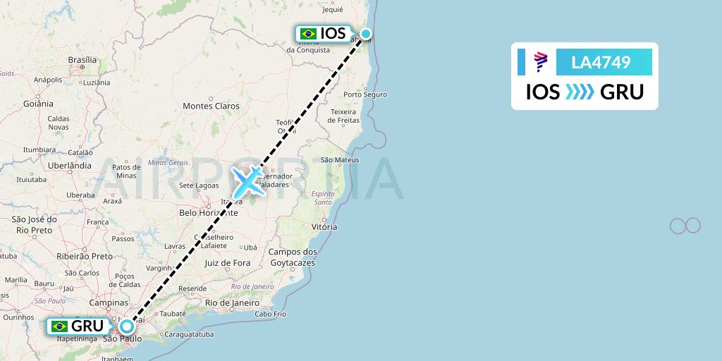 LA4749 LAN Airlines Flight Map: Ilheus to Sao Paulo