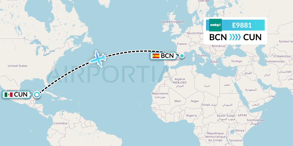 E9881 Evelop Airlines Flight Map: Barcelona to Cancun