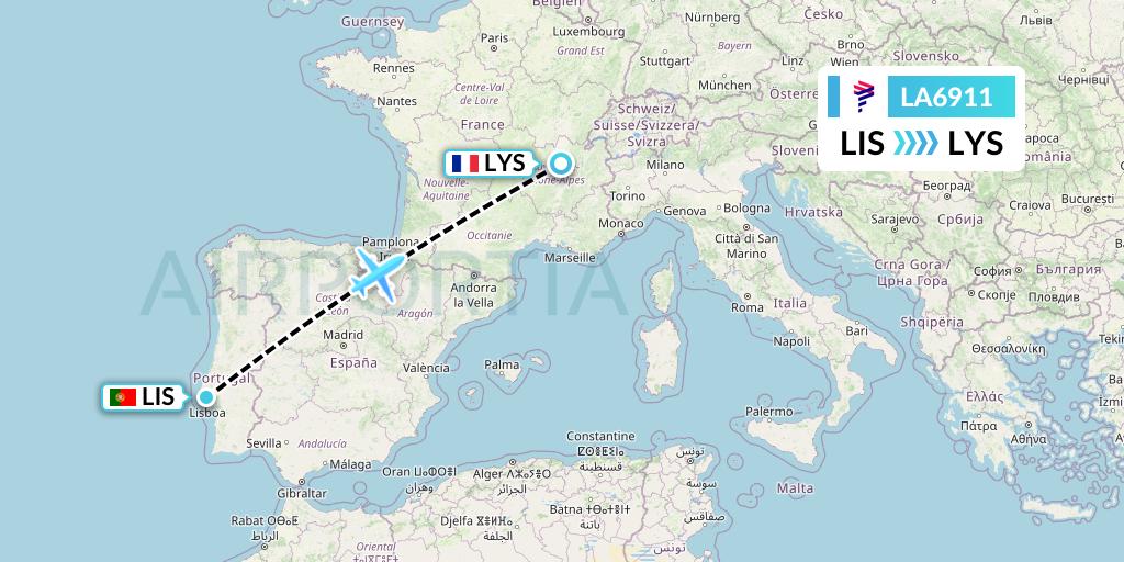 LA6911 LAN Airlines Flight Map: Lisbon to Lyon
