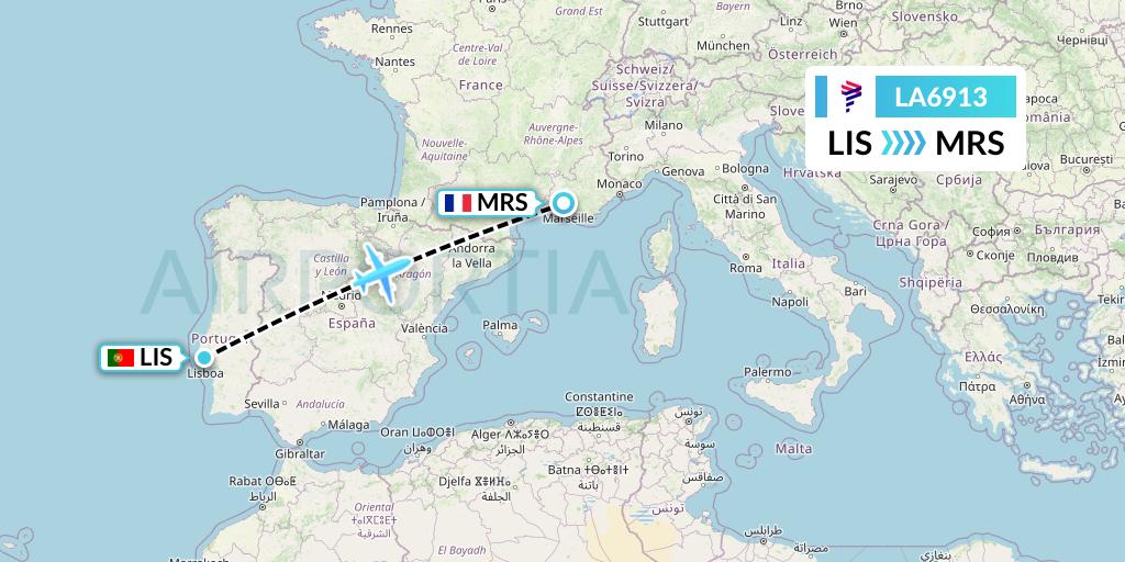 LA6913 LAN Airlines Flight Map: Lisbon to Marseille