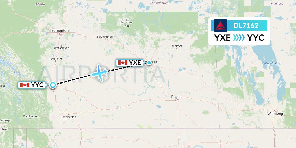 DL7162 Delta Air Lines Flight Map: Saskatoon to Calgary
