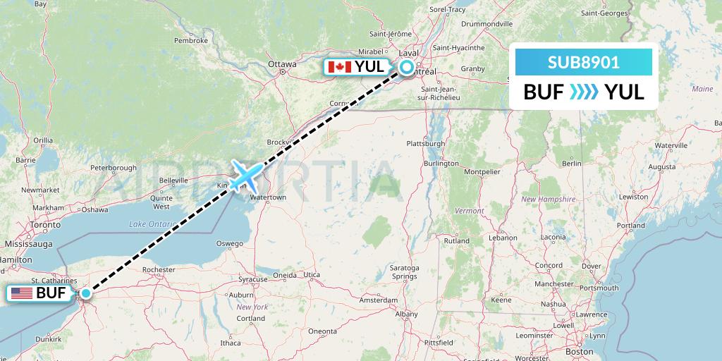 SUB8901 Suburban Air Freight Flight Map: Buffalo to Montreal