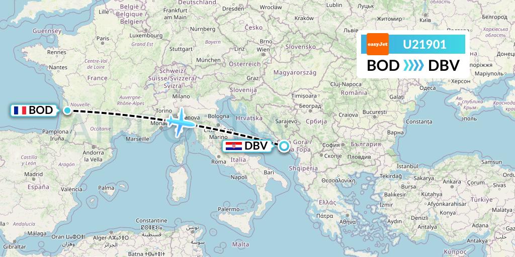 U21901 EasyJet Flight Map: Bordeaux to Dubrovnik