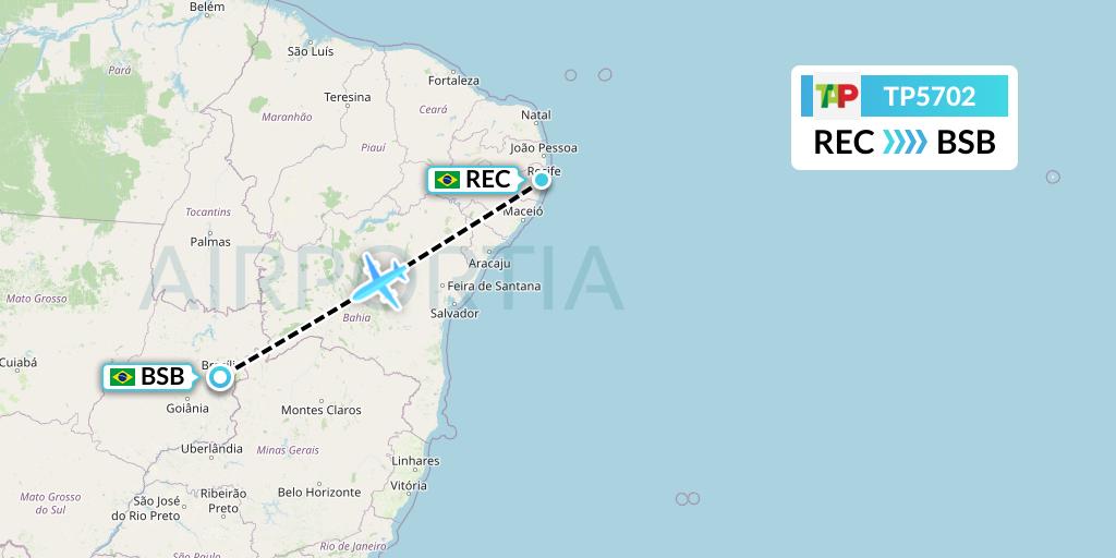 TP5702 TAP Portugal Flight Map: Recife to Brasilia