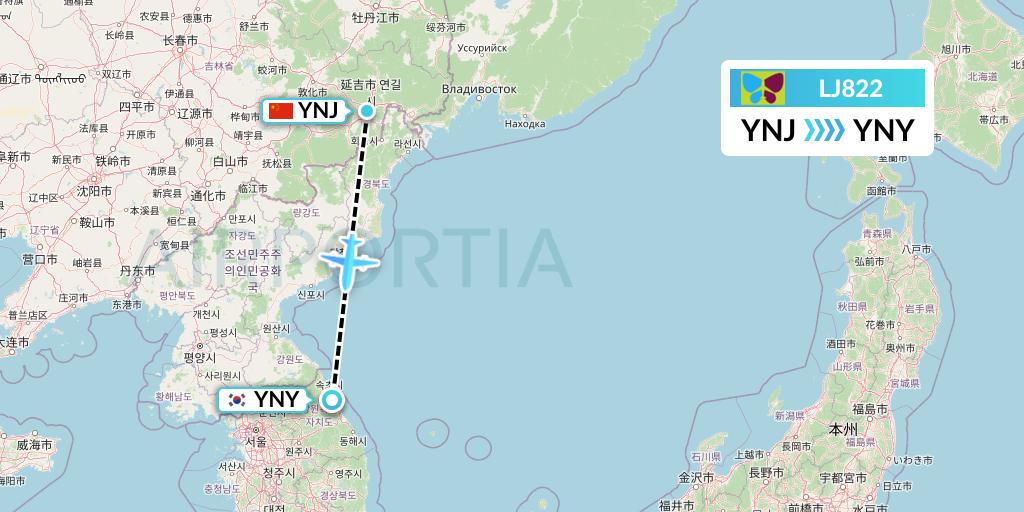 LJ822 Jin Air Flight Map: Yanji to Yangyang