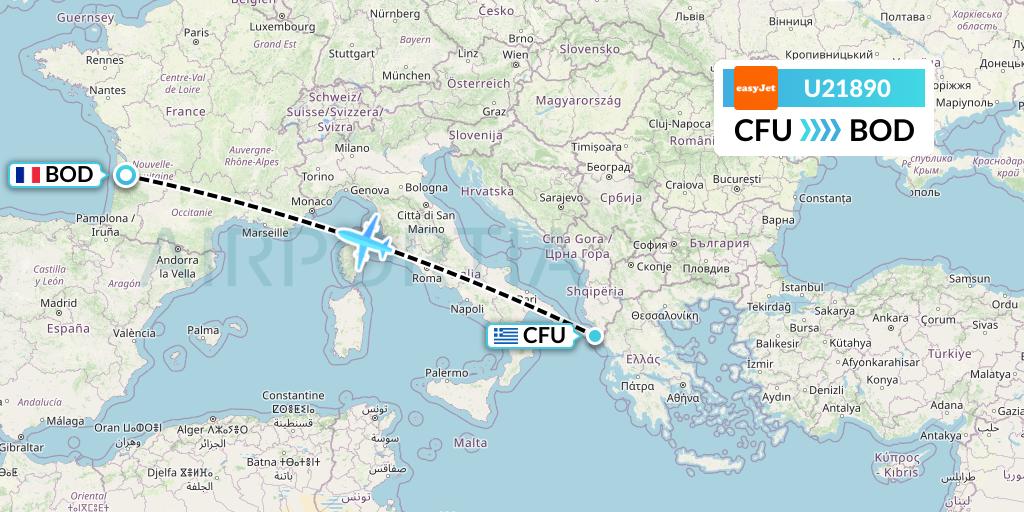 U21890 EasyJet Flight Map: Corfu to Bordeaux