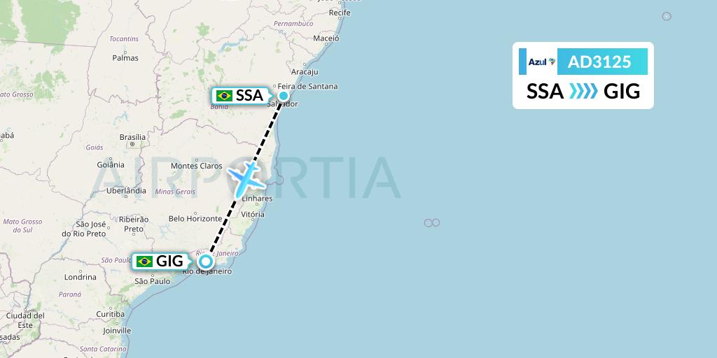 AD3125 Azul Brazilian Airlines Flight Map: Salvador to Rio de Janeiro