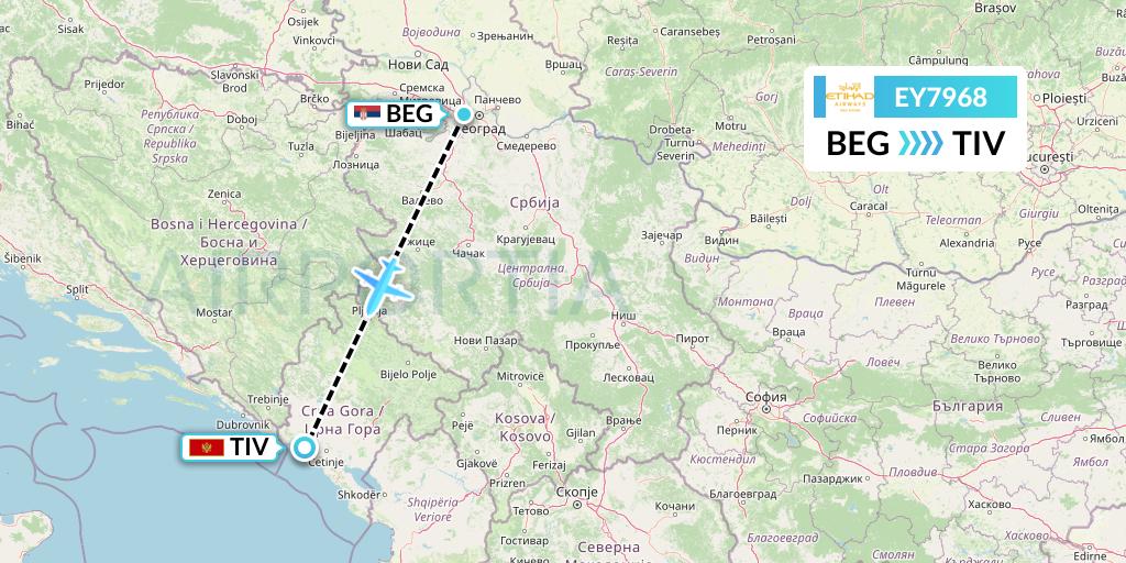 EY7968 Etihad Airways Flight Map: Belgrade to Tivat