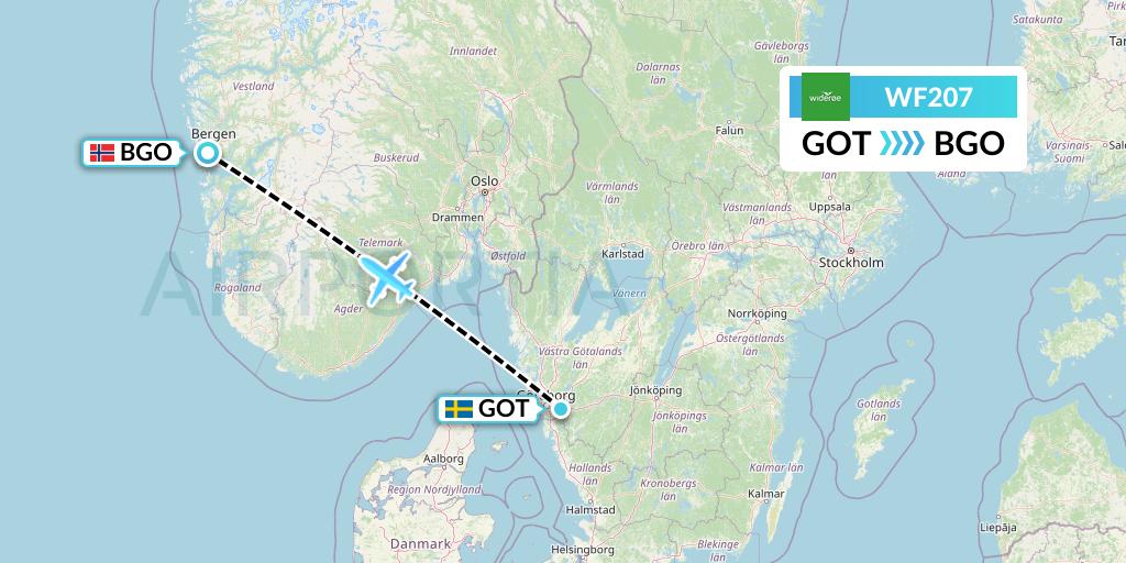 WF207 Wideroe Flight Map: Gothenburg to Bergen