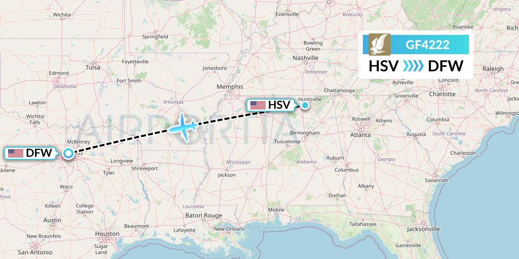 GF4222 Gulf Air Flight Map: Huntsville to Dallas