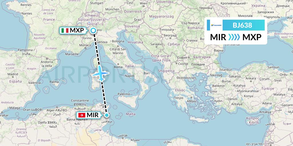 BJ638 Nouvelair Tunisie Flight Map: Monastir to Milan