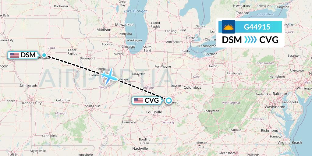 G44915 Allegiant Air Flight Map: Des Moines to Cincinnati