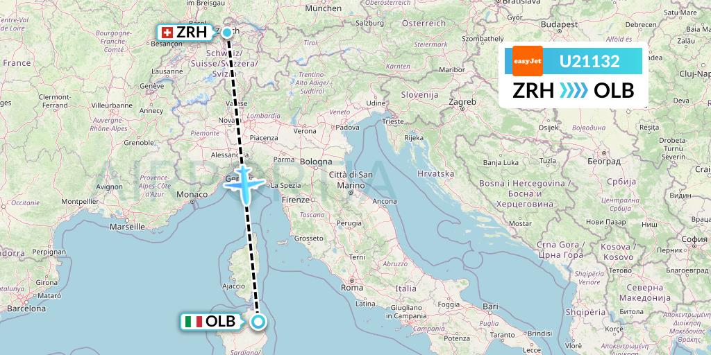 U21132 EasyJet Flight Map: Zurich to Olbia