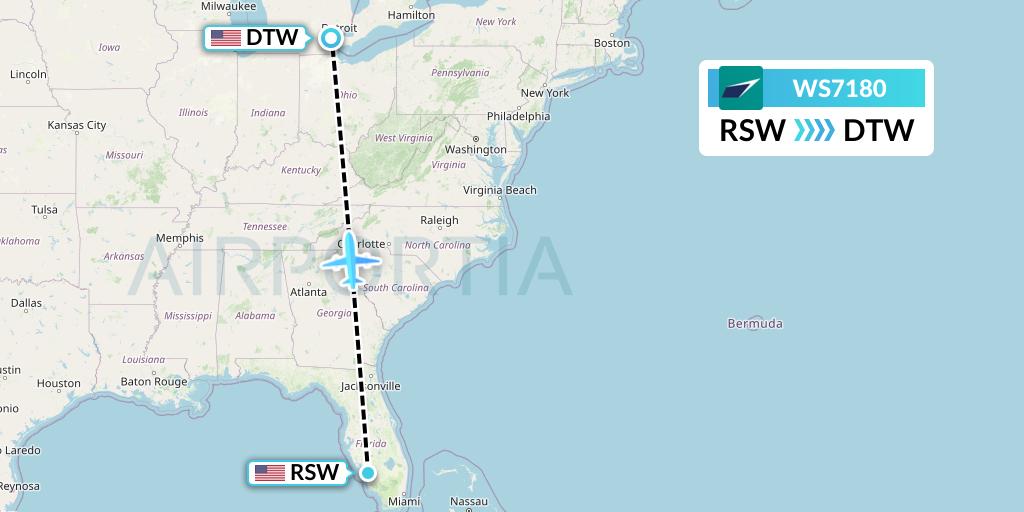 WS7180 WestJet Flight Map: Fort Myers to Detroit