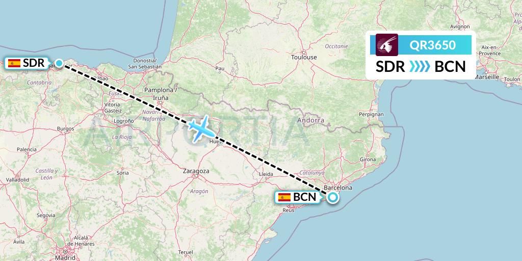 QR3650 Qatar Airways Flight Map: Santander to Barcelona