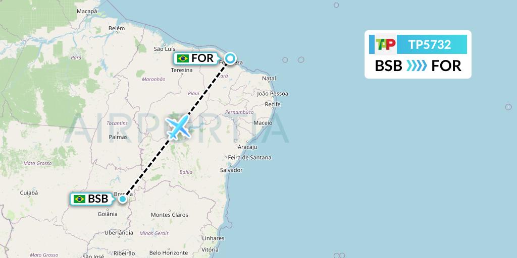 TP5732 TAP Portugal Flight Map: Brasilia to Fortaleza