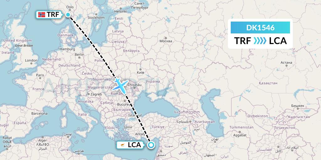 DK1546 Thomas Cook Airlines Scandinavia Flight Map: Oslo to Larnaca