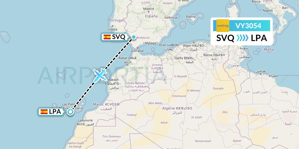 VY3054 Vueling Flight Map: Seville to Las Palmas