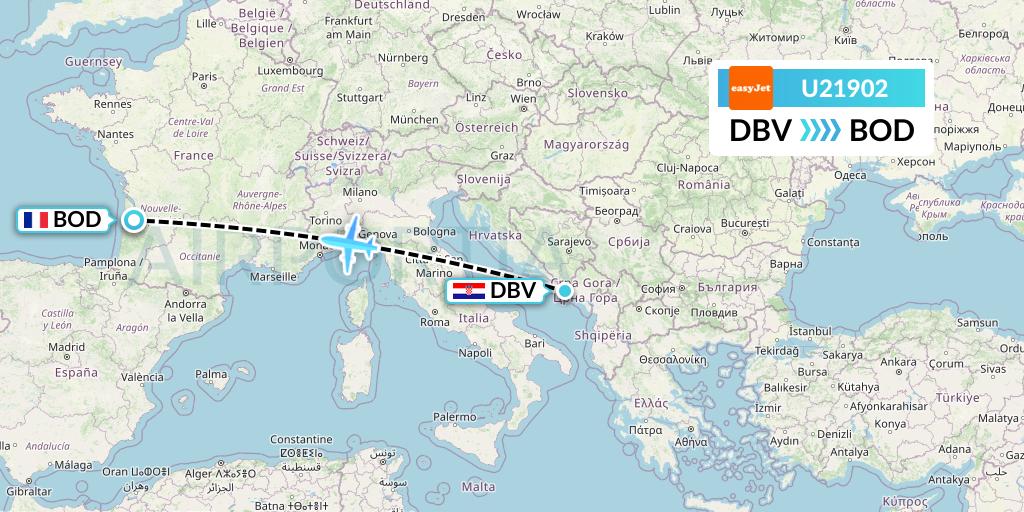 U21902 EasyJet Flight Map: Dubrovnik to Bordeaux