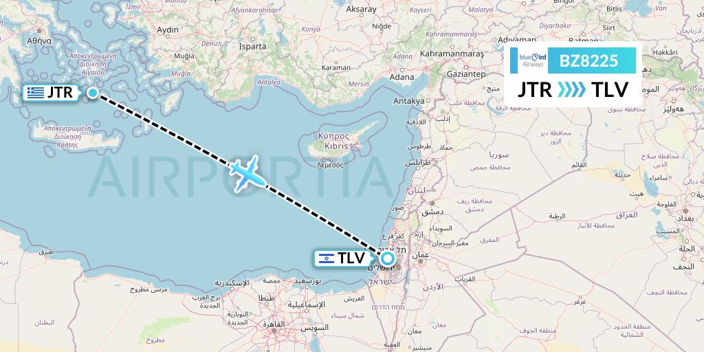 BZ8225 Bluebird Airways Flight Map: Santorini to Tel Aviv
