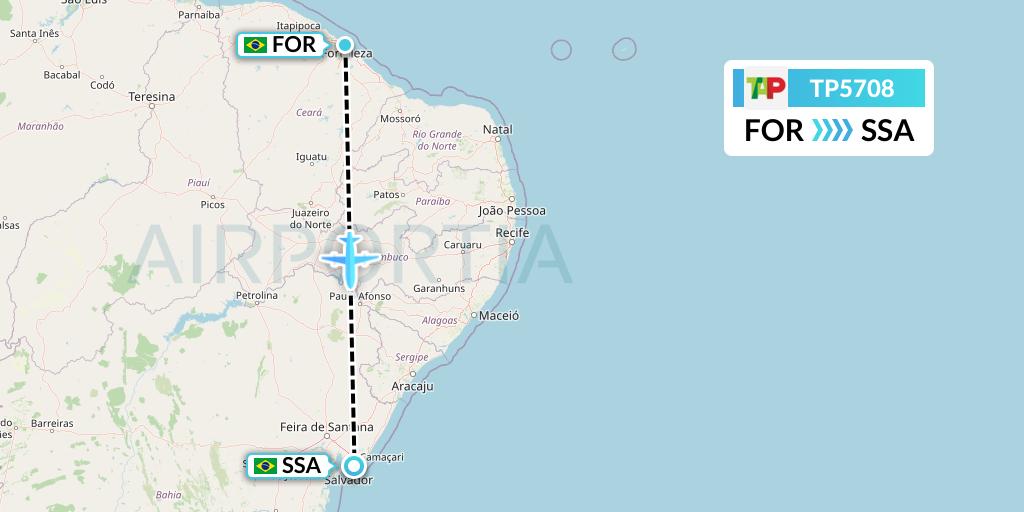 TP5708 TAP Portugal Flight Map: Fortaleza to Salvador