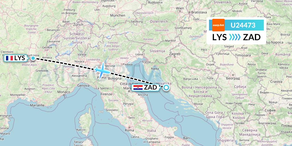 U24473 EasyJet Flight Map: Lyon to Zadar