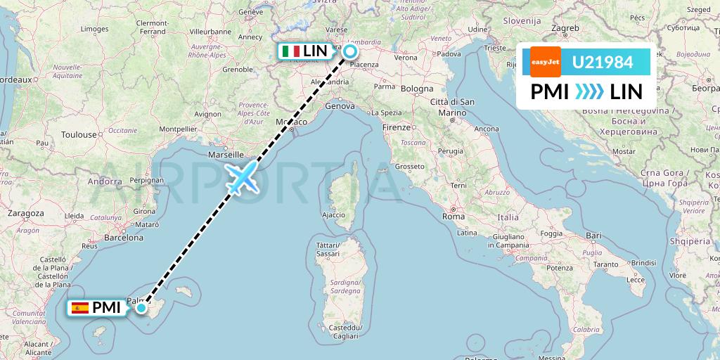 U21984 EasyJet Flight Map: Palma de Mallorca to Milan